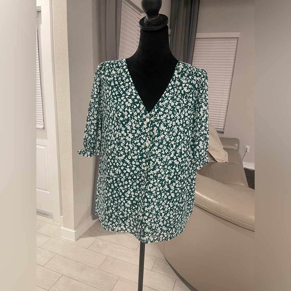 NWT J crew green v neck puff sleeve floral short blouse Sz L